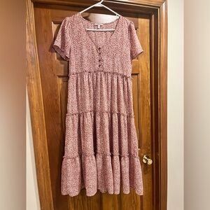 JODIFL Terracotta Floral Tiered Midi Dress - Size S - Boho Cottagecore